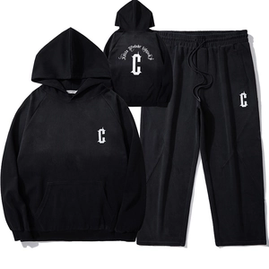 Survêtement Homme Grande Taille Imprimé Lettre Gothique Sweat à Capuche Et Pantalon Haut Et Bas Épaissi Vêtements de Sport Streetwear Coton Noir