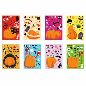 Set of eight DIY Halloween pumpkin stickers featuring spooky expressions and festive icons