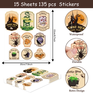 135pcs vintage Halloween bottle labels, waterproof gothic sticker set for party decor