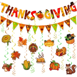 Thanksgiving Party Decoration Set Autumn Fall Maple Leaf Turkey Pumpkin Banner Swirl Hanging Ornament Cake Topper Party Favor