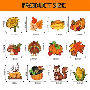 Size chart showing 12 Thanksgiving hanging swirl decorations including turkey and pumpkin