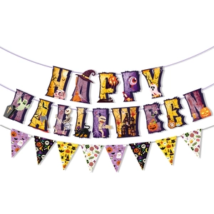 Detailed Happy Halloween letter banner and festive triangle flags for party decoration