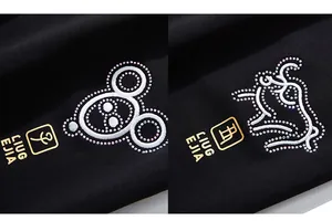 Détail de la broderie zodiaque chinois avec strass sur un pantalon de sport noir pour homme
