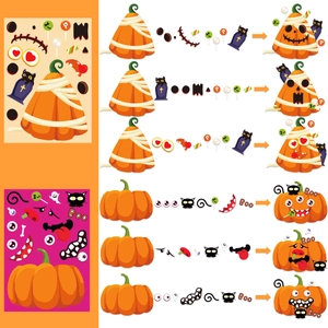 Halloween DIY pumpkin stickers featuring mummy designs and spooky facial expressions