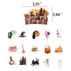 Detailed set of 16 Halloween cake toppers with Happy Halloween sign and spooky icons