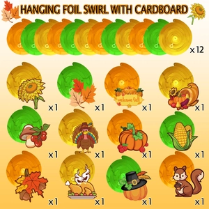 Thanksgiving hanging foil swirls set with colorful autumn maple leaf and pumpkin cards