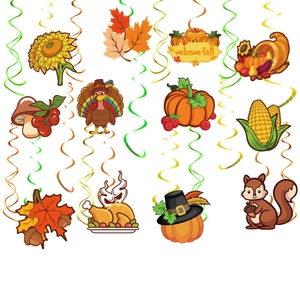 Detail view of Thanksgiving hanging swirls featuring pumpkins, turkeys, and maple leaf motifs
