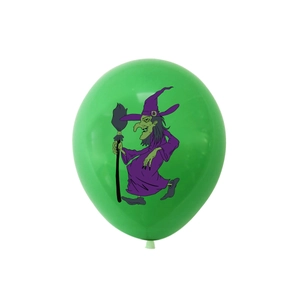 Close-up of green Halloween balloon featuring a purple witch print and broom detail