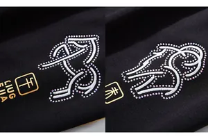 Détails de broderie zodiaque et marquage doré avec strass sur un pantalon de sport noir