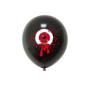 Scary Halloween party balloon featuring white bloodshot eyeball print on black latex surface