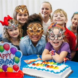 Kids animal party hat and glasses set with tiger and zebra patterns for birthday events