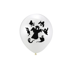 Close-up of white Halloween latex balloons featuring cute black ghost face prints for party
