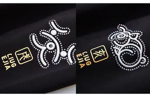 Détail de broderie tigre avec strass colorés sur un pantalon de jogging noir