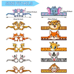 Size guide for animal party paper hats and glasses showing dimensions for kids birthday
