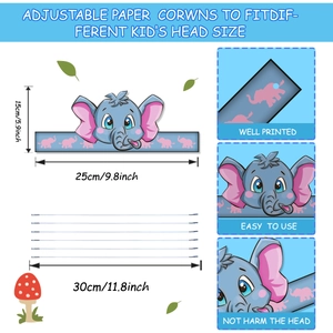 Blue elephant paper party crown for kids with adjustable elastic strap and sizing guide