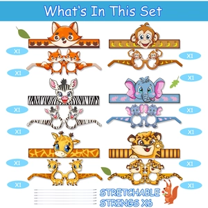 Cartoon animal party favors set with 6 paper headbands and glasses for birthday decor