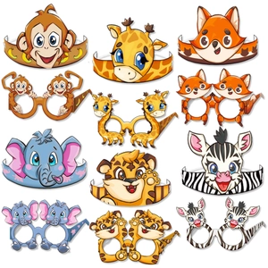 Detail of 12-piece paper party props set featuring animal crowns and glasses for kids