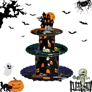 Halloween 3-tier haunted castle cupcake stand with spooky pumpkin and ghost patterns