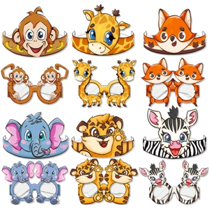 Cartoon Animal Theme Birthday Party Supplies Set Giraffe Elephant Paper Crowns And Assorted Party Glasses For Kids Decoration
