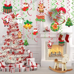 Christmas party swirl decorations with cartoon cards featuring Santa, snowmen, and reindeer