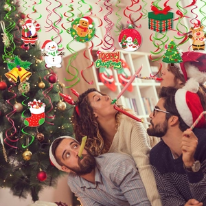 Christmas party hanging swirl decorations with Santa, reindeer and tree for festive home decor