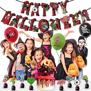 Kit décoration fête Halloween avec bannière Happy Halloween, ballons et cake toppers
