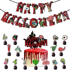 Ensemble Décoration Fête Halloween Effrayant Bannière Horreur Zombie Toppers Gâteau Sanglants Pour Aménagement Scène Bar Maison Hantée