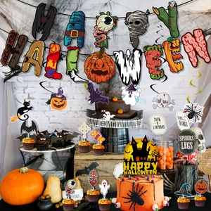 Set per festa di Halloween con striscione Happy Halloween e topper per cupcake mostruosi