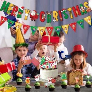 Weihnachtsparty-Deko-Set mit Merry Christmas Banner, Wimpeln und Tortenaufsätzen