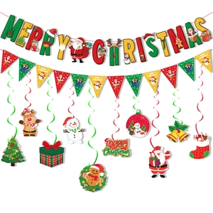 Detailansicht des Weihnachtsdeko-Sets mit Bannern, Wirbeln und festlichen Motiven
