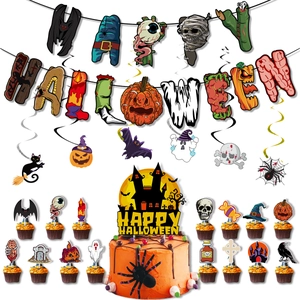 Set decorazioni festa Halloween con striscione, riccioli e topper per cupcake a tema