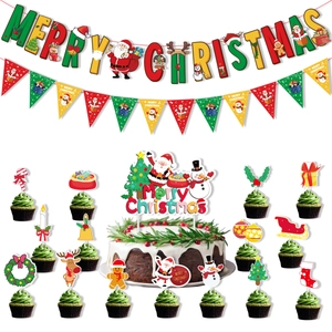 Merry Christmas Banner Set mit bunten Weihnachtsmann und Rentier Kuchenaufsätzen Deko