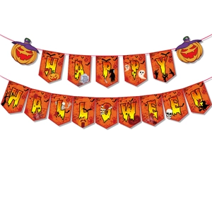 Halloween party banner with orange HAPPY HALLOWEEN flags featuring pumpkins and spooky icons