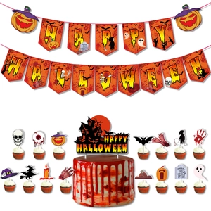 Halloween Party Decoration Banner And Cake Toppers Cartoon Pumpkin Ghost Bat Theme Bunting For Indoor Scene Layout Supplies