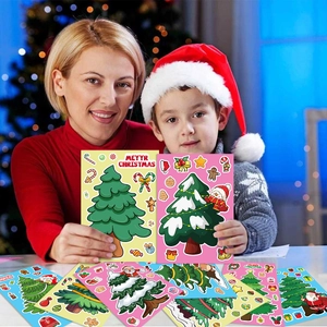 Christmas tree DIY sticker set for kids with colorful holiday decoration elements