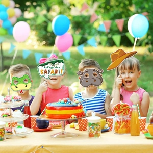 Jungle safari animal photo booth props with elephant and monkey designs for party fun