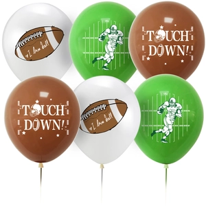 Rugby theme balloon set in white green and brown with touch down graphics