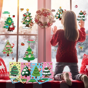 Christmas tree and Santa window stickers set with girl playing in cozy winter scene
