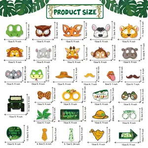 Size chart for jungle animal party props featuring masks and glasses for photo booths
