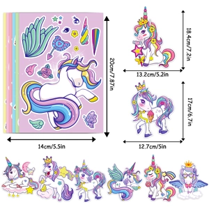 Unicorn DIY party stickers set featuring various cute poses in pastel colors with size guide