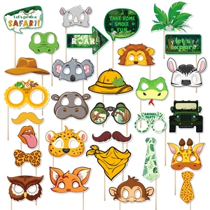 Jungle Animal Photo Booth Props Safari Theme Party Decoration Supplies White Cardboard Lion Zebra Monkey Glasses Masks Photography Props