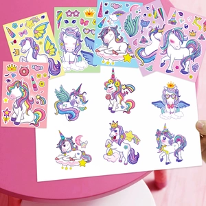 DIY cartoon unicorn sticker set with rainbows and stars for kids' birthday party favors