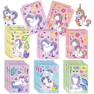 Flat lay of colorful unicorn DIY stickers for kids birthday parties and creative crafts