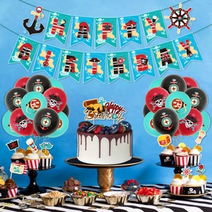Pirate theme birthday party decorations set with banner balloons and cake toppers