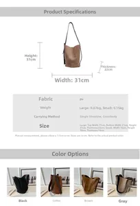 Paramètres de taille détaillés et spécifications pour le sac seau mat élégant