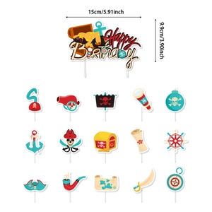 Detailed pirate birthday cake topper set with size markings in centimeters and inches