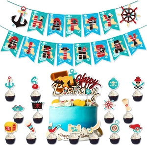 Pirate theme birthday party set with Happy Birthday banner and varied cake toppers