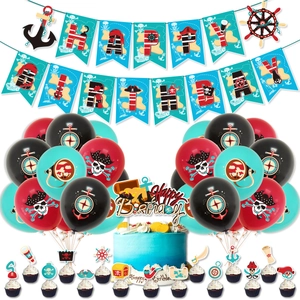 Pirate Theme Birthday Party Decoration Set Pirate Ship Skull Balloons Banner Cake Toppers For Kids Birthday Celebration Supplies