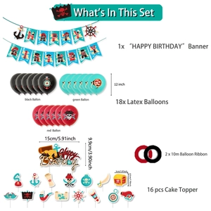 Pirate birthday party set with Happy Birthday banner, colorful balloons, and cake toppers