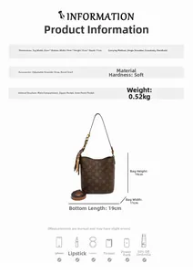 Spécifications de taille du sac seau marron à monogramme avec dimensions et capacité